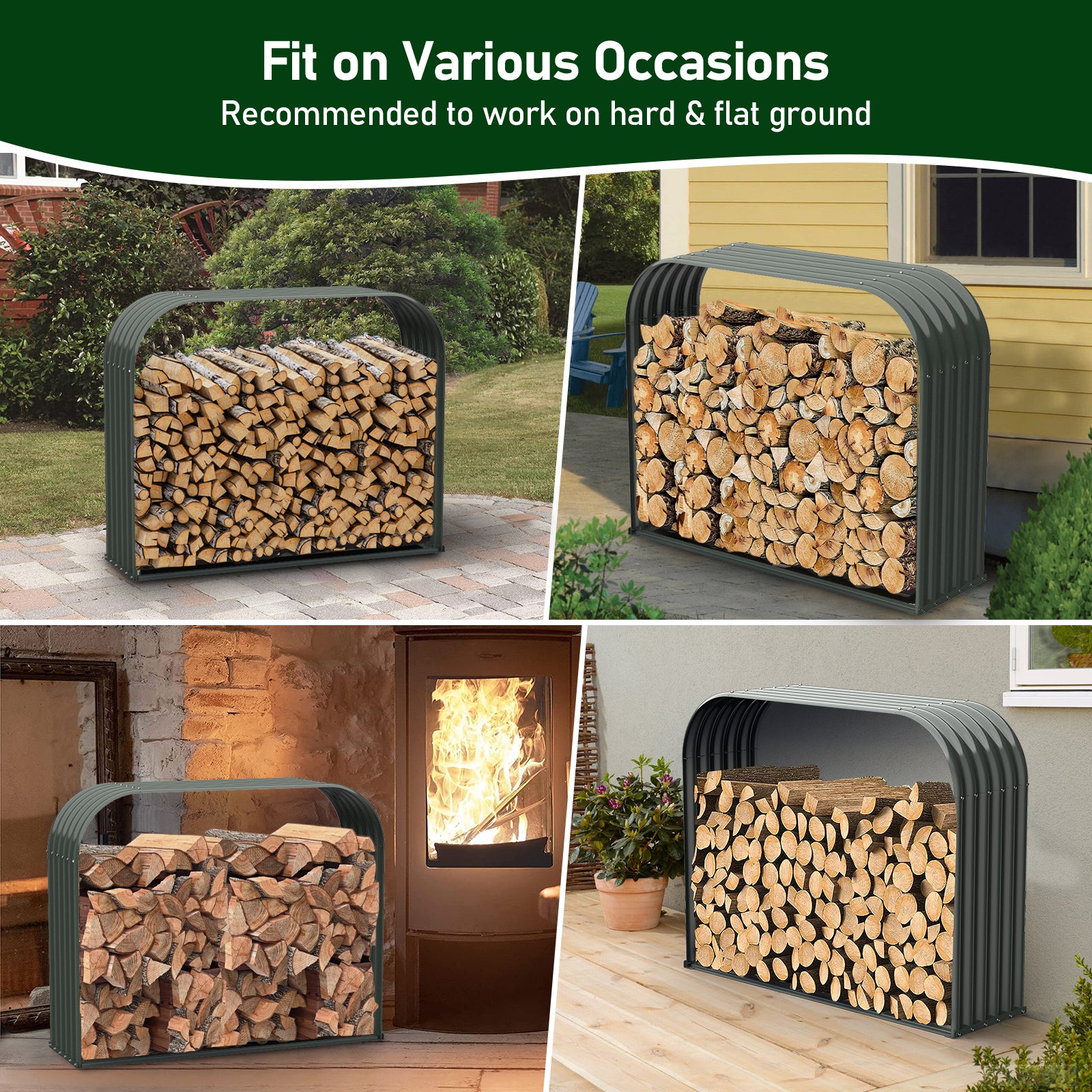 Set of 2, 29 Cubic Ft Each Firewood Storage Shed, Heavy-Duty Galvanized Steel Outdoor Log Rack, 59"W x 18"D x 48"H