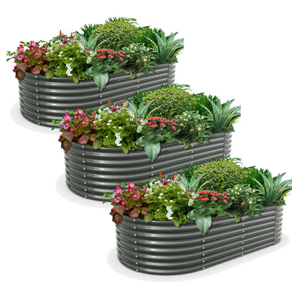 Set of 3: Oval Galvanized Metal Raised Garden Beds (Grey)