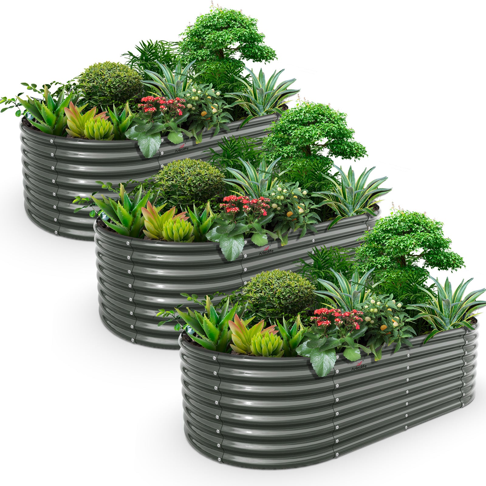 Set of 3: Oval Modular Metal Raised Garden Beds (Grey)