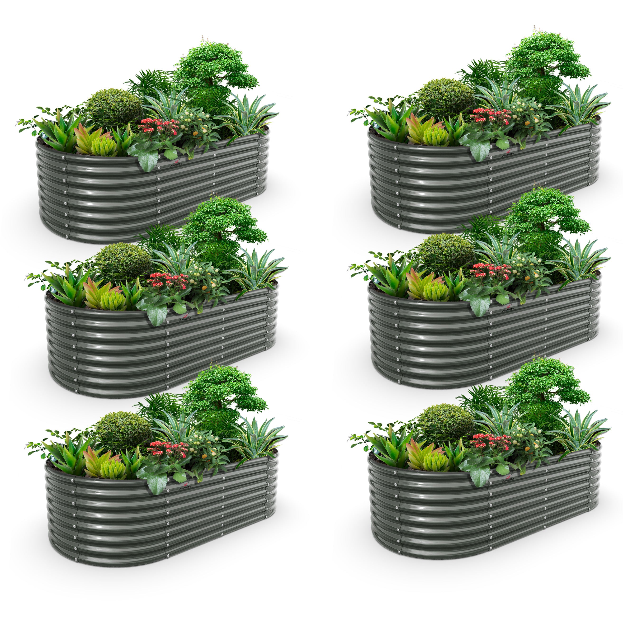 Set of 6: 8x4x2ft Oval Modular Metal Raised Garden Beds (Quartz Gray)