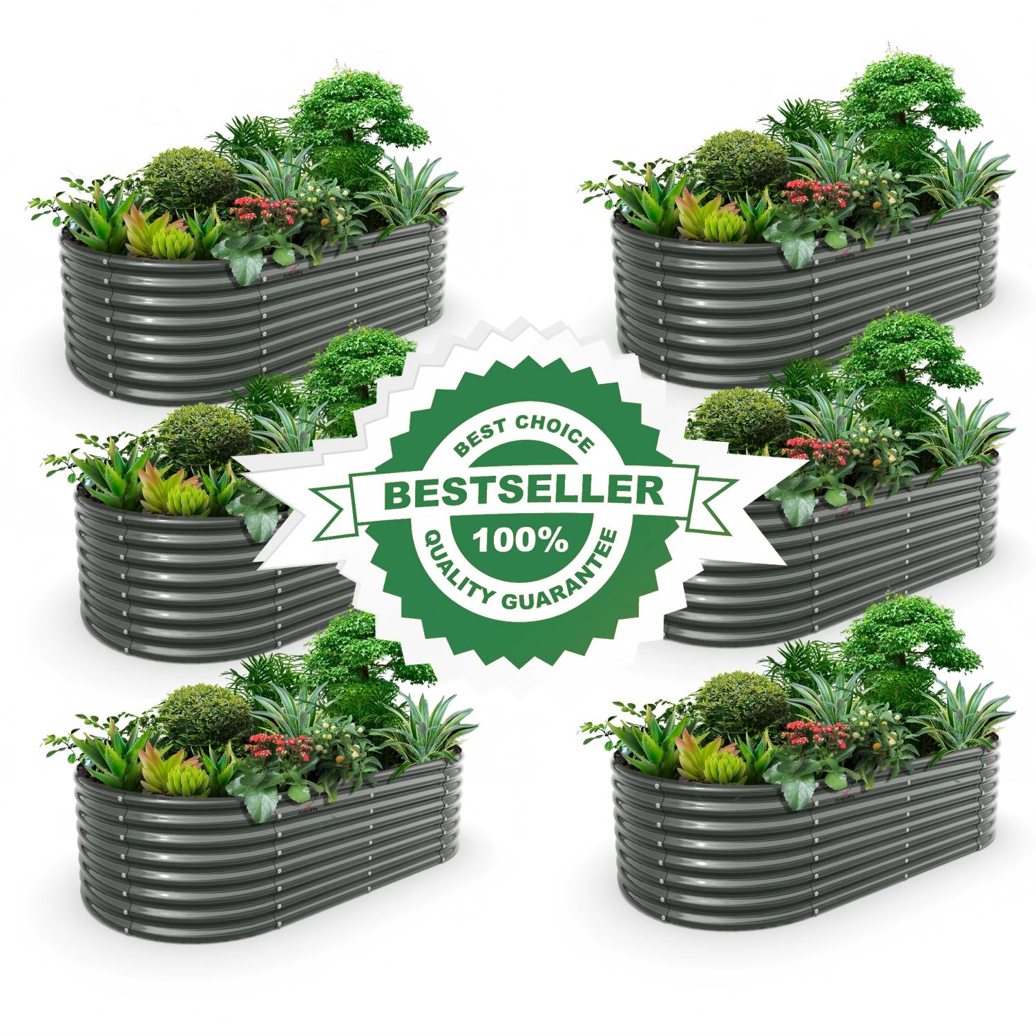 Set of 6: 8x4x2ft Oval Modular Metal Raised Garden Beds (Grey)