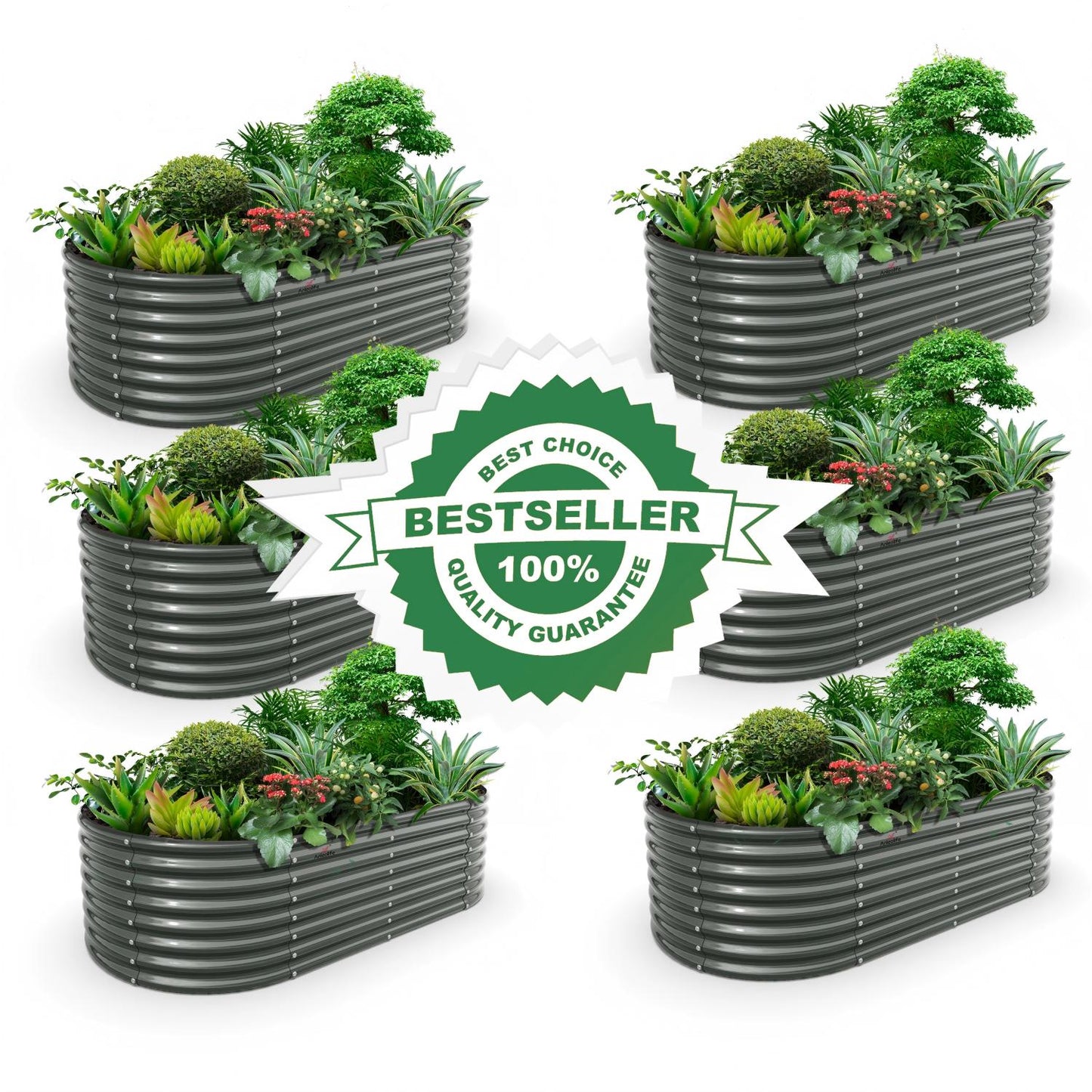 Set of 6: 8x4x2ft Oval Modular Metal Raised Garden Beds (Grey)
