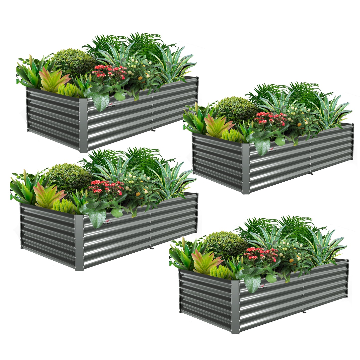 Set of 4: Rectangular Modular Metal Raised Garden Bed (Grey)