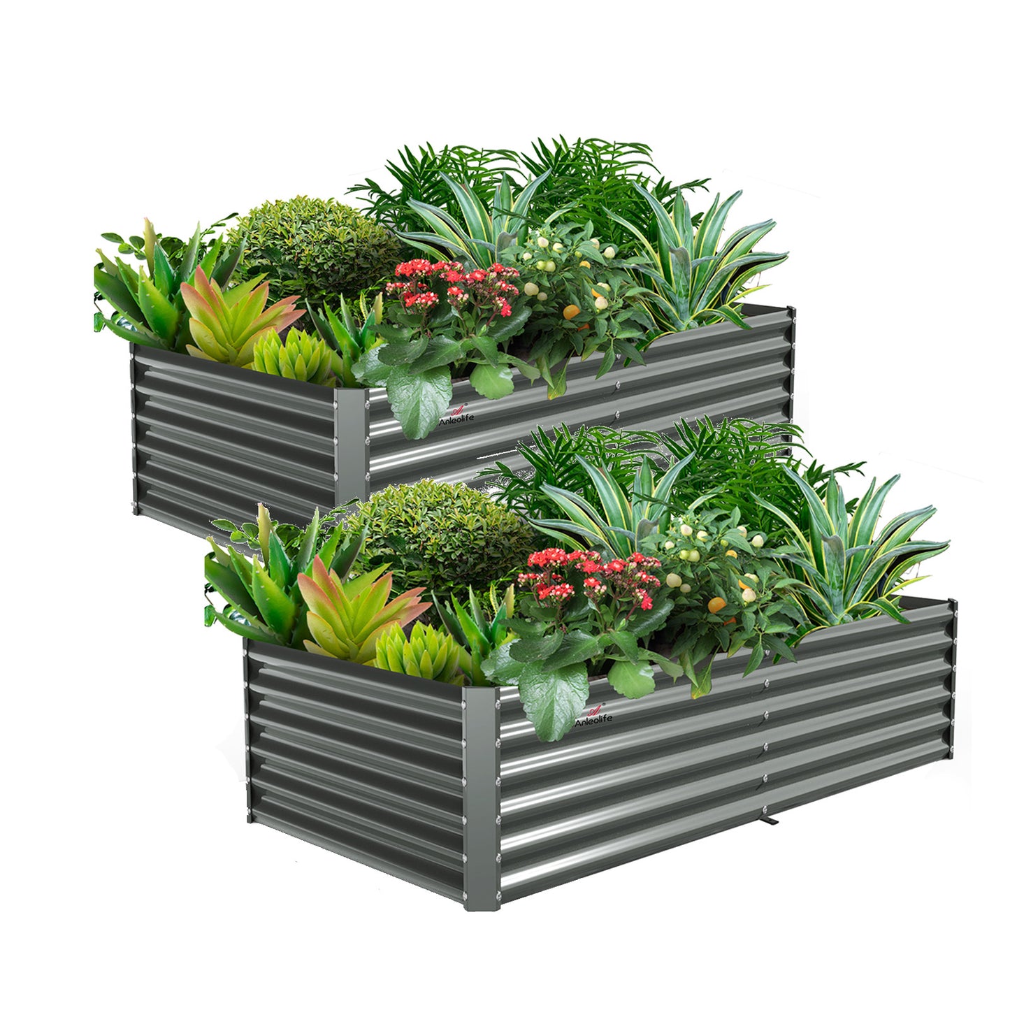 Set of 2: Rectangular Modular Metal Raised Garden Beds (Grey)
