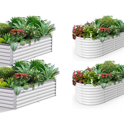 Set of 4: 2 pcs (8x4x1.5ft) + 2 pcs (6x3x2ft) Oval & Rectangular Metal Raised Garden Beds (White)