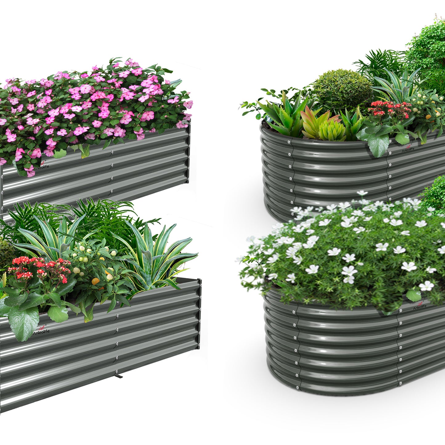 Set of 4: Oval and Rectangular Modular Metal Raised Garden Beds (Grey)