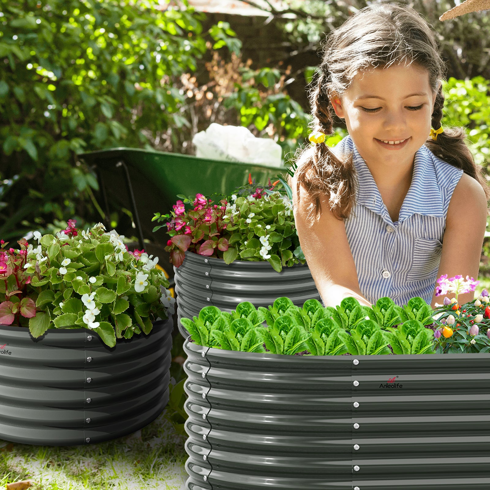 Set of 4: 4x1.5ft Round & 8x4x2ft Oval Metal Raised Garden Beds (Quartz Gray)