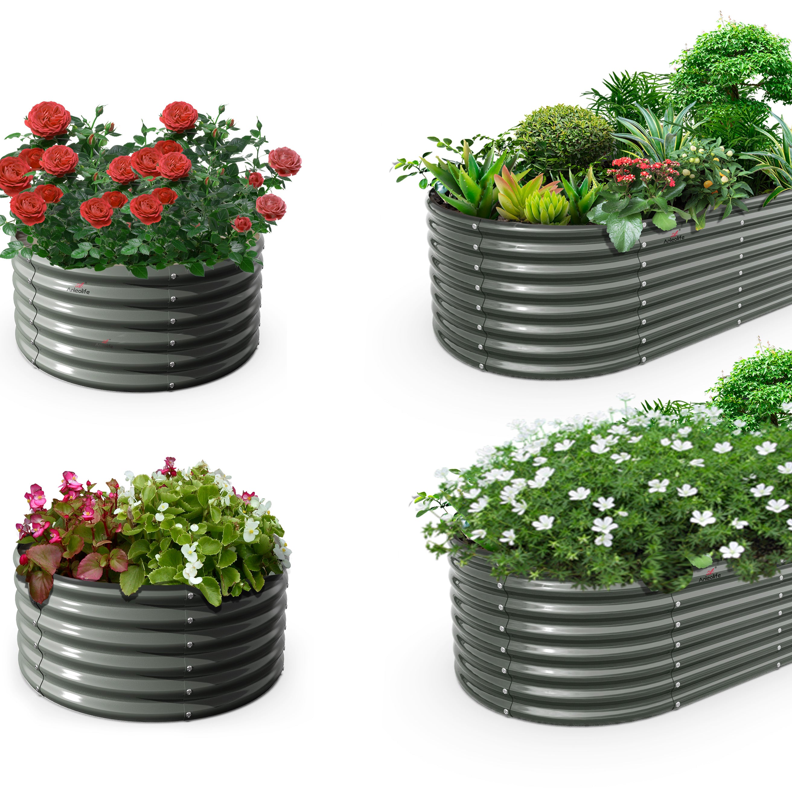 Set of 4: 4x1.5ft Round & 8x4x2ft Oval Metal Raised Garden Beds (Quartz Gray)