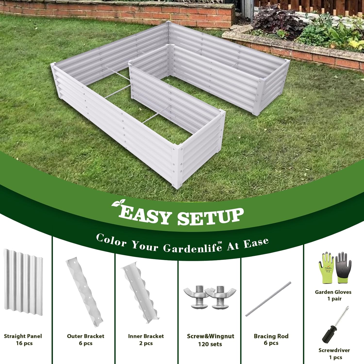 74''x74''x18'' U-shaped Galvanized Steel Raised Garden Bed - Classic White