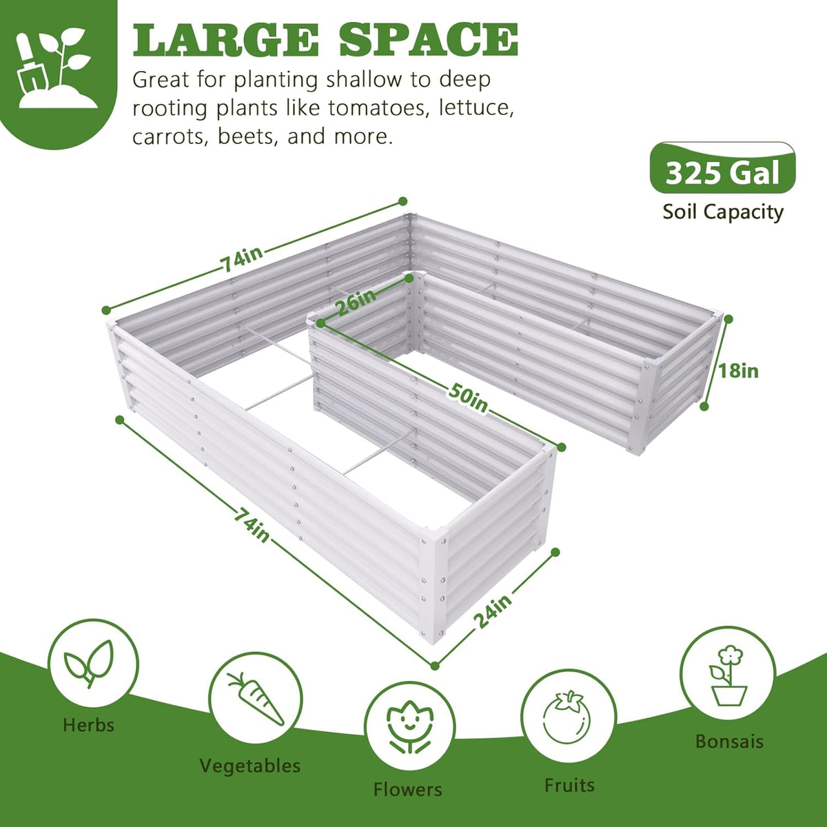 74''x74''x18'' U-shaped Galvanized Steel Raised Garden Bed - Classic White