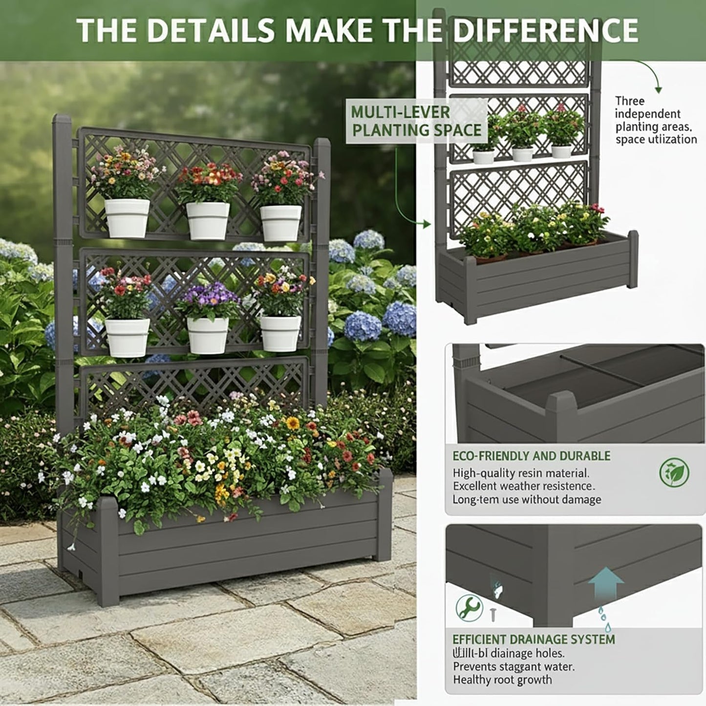 Raised Planter Box with Trellis & Built-in Water Reservoir
