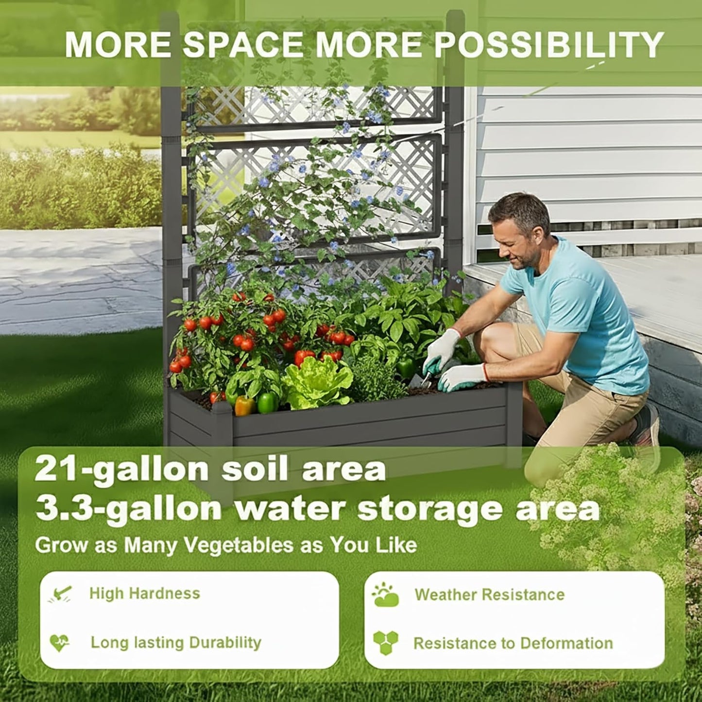 Raised Planter Box with Trellis & Built-in Water Reservoir