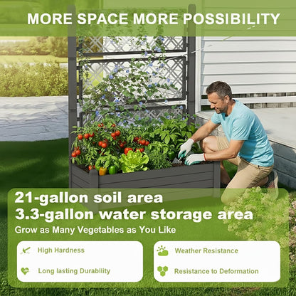 Raised Planter Box with Trellis & Built-in Water Reservoir