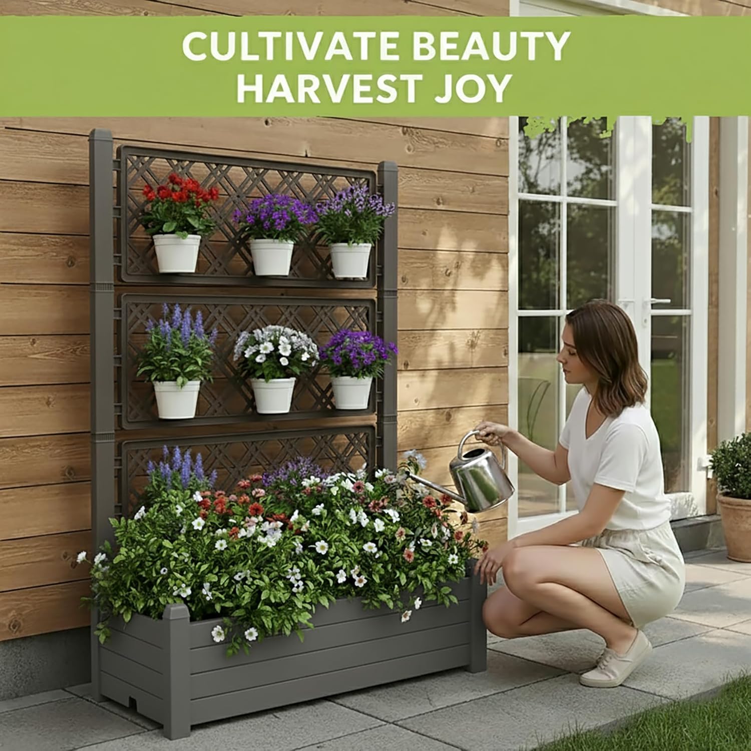 Raised Planter Box with Trellis & Built-in Water Reservoir
