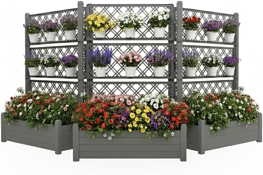 Raised Planter Box with Trellis & Built-in Water Reservoir