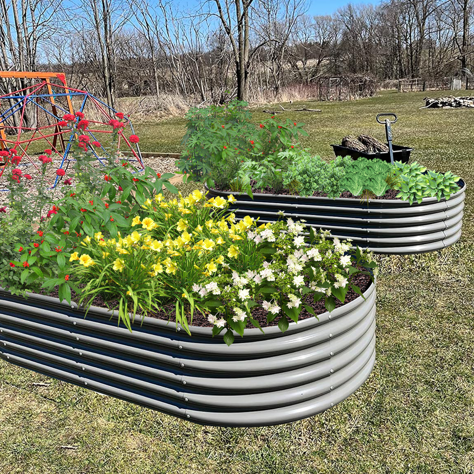 6x2x1.5ft Oval Metal Raised Modular Garden Bed (Quartz Gray/Classic White)