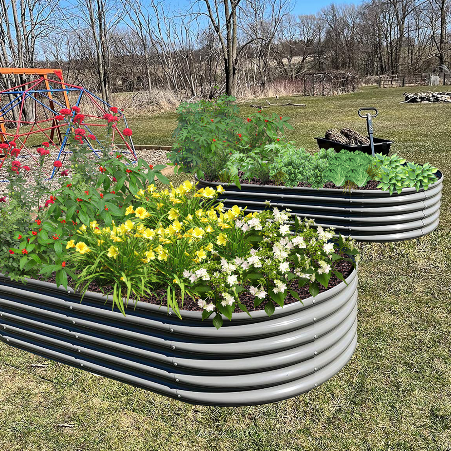 Set of 6：6x2x1.5ft Oval Metal Raised Modular Garden Bed (Grey)
