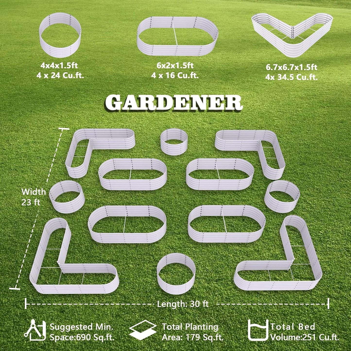 Set of 12:  72''x24''x18'', 48''x18'', 81''x81''x18'' Raised Garden Beds Layout (Grey/White)