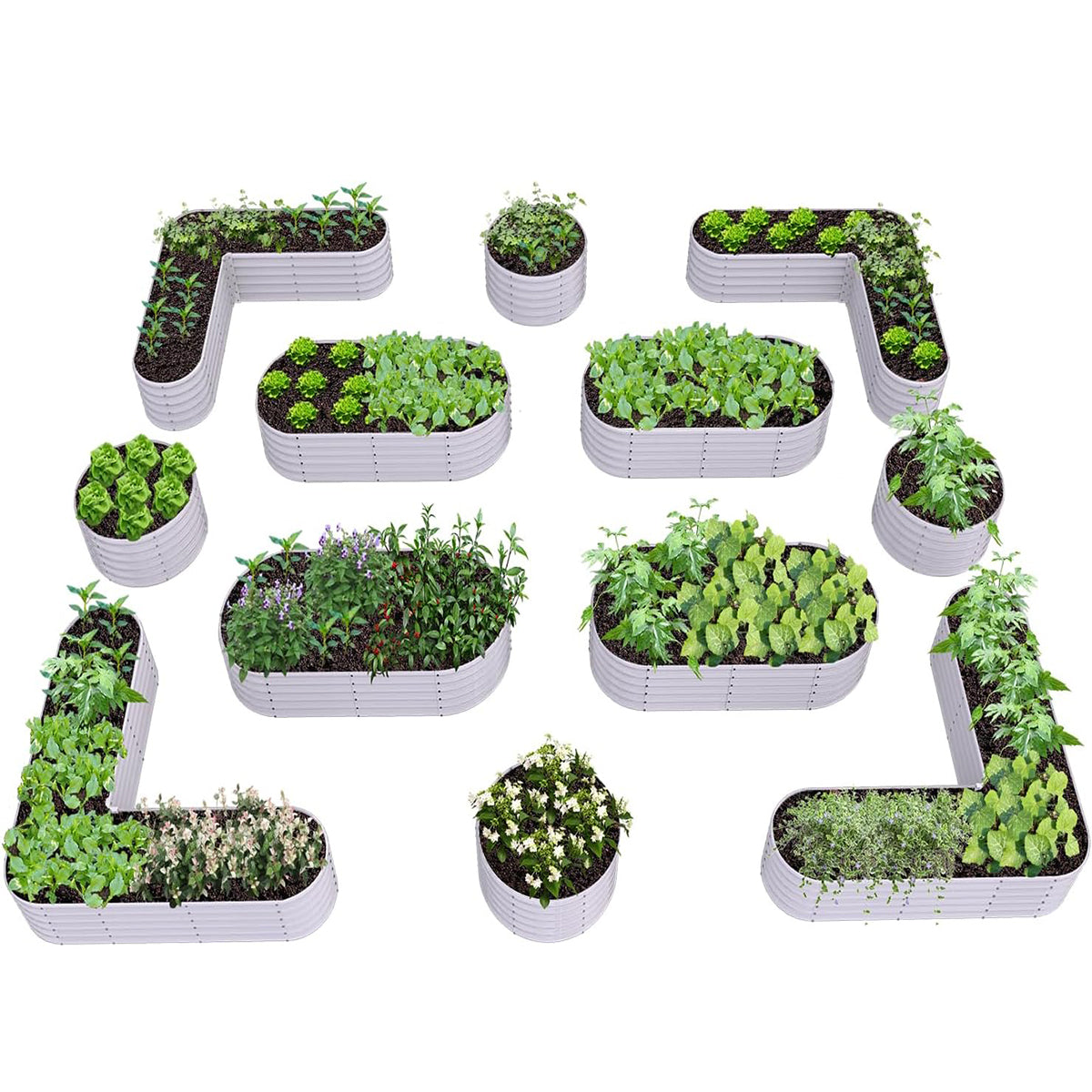Set of 12:  72''x24''x18'', 48''x18'', 81''x81''x18'' Raised Garden Beds Layout (Quartz Gray/Classic White)