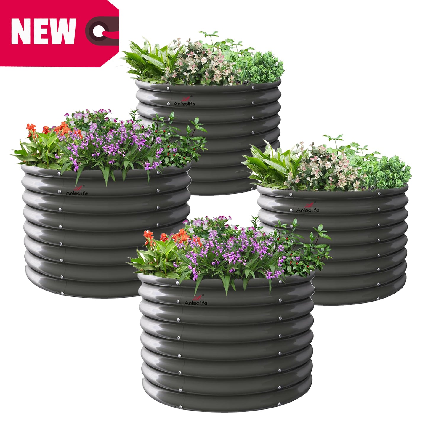 4x1.5ft / 3x2ft Round Modular Metal Raised Garden Beds Set (Grey)