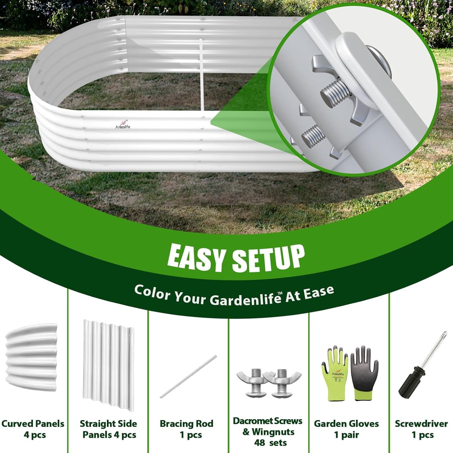 6x2x1.5ft Oval Metal Raised Modular Garden Bed (White)