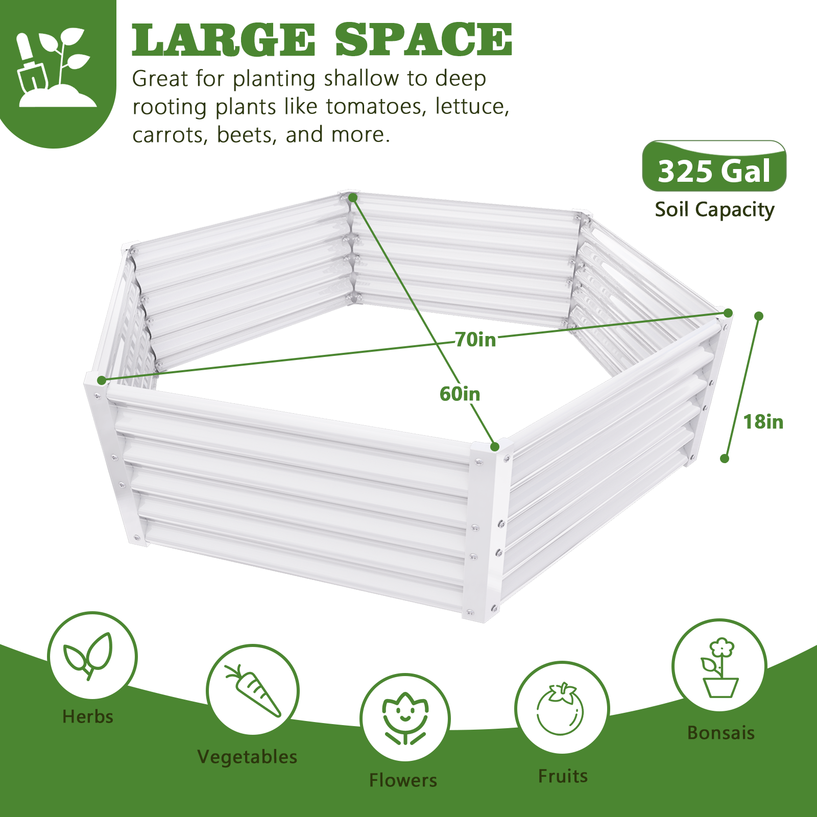 70''x60''x18'' Hexagon Galvanized Steel Raised Garden Bed - Classic White