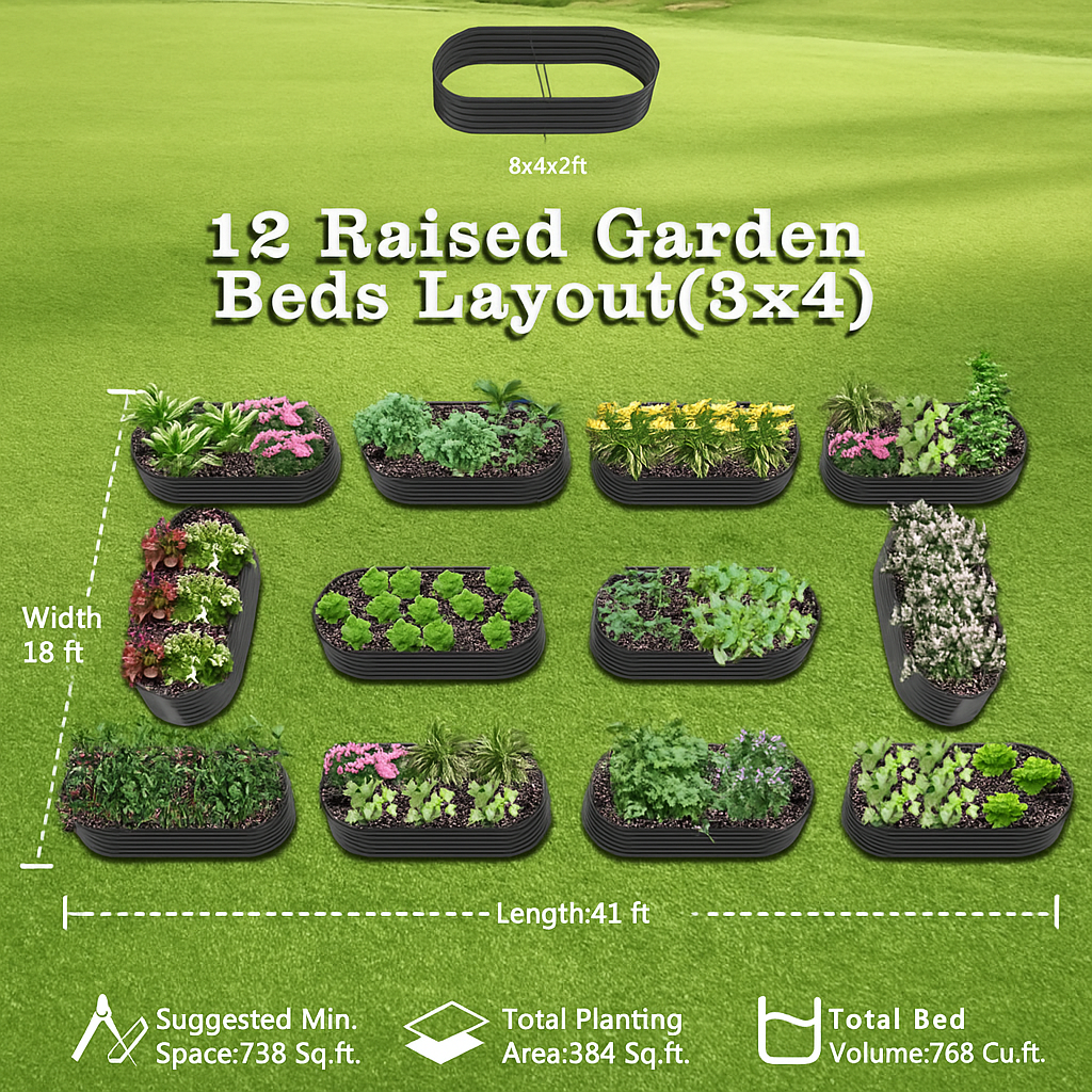 Set of 12: 8x4x2ft Oval Modular Metal Raised Garden Beds (Grey)