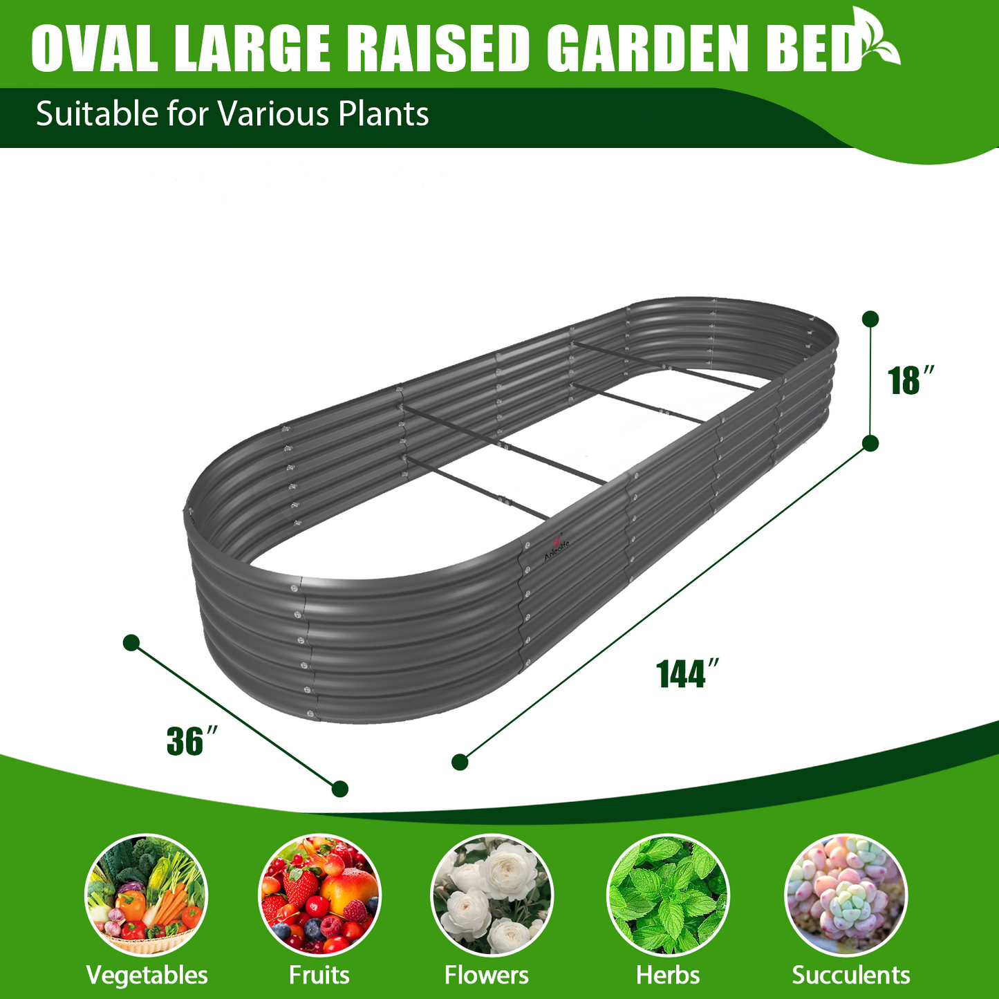 Set of 8: 12x3x1.5ft Oval Modular Metal Raised Garden Bed (Grey)