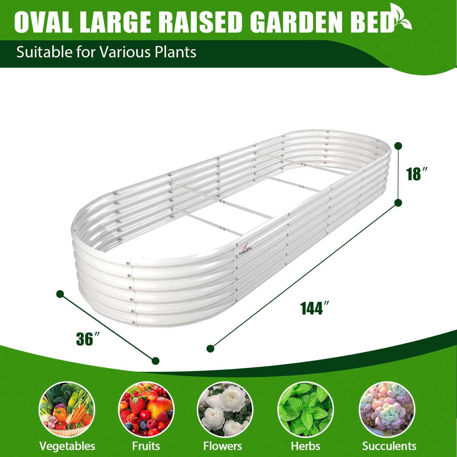 Set of 6: 12x3x1.5ft Oval Modular Metal Raised Garden Bed (Classic White)