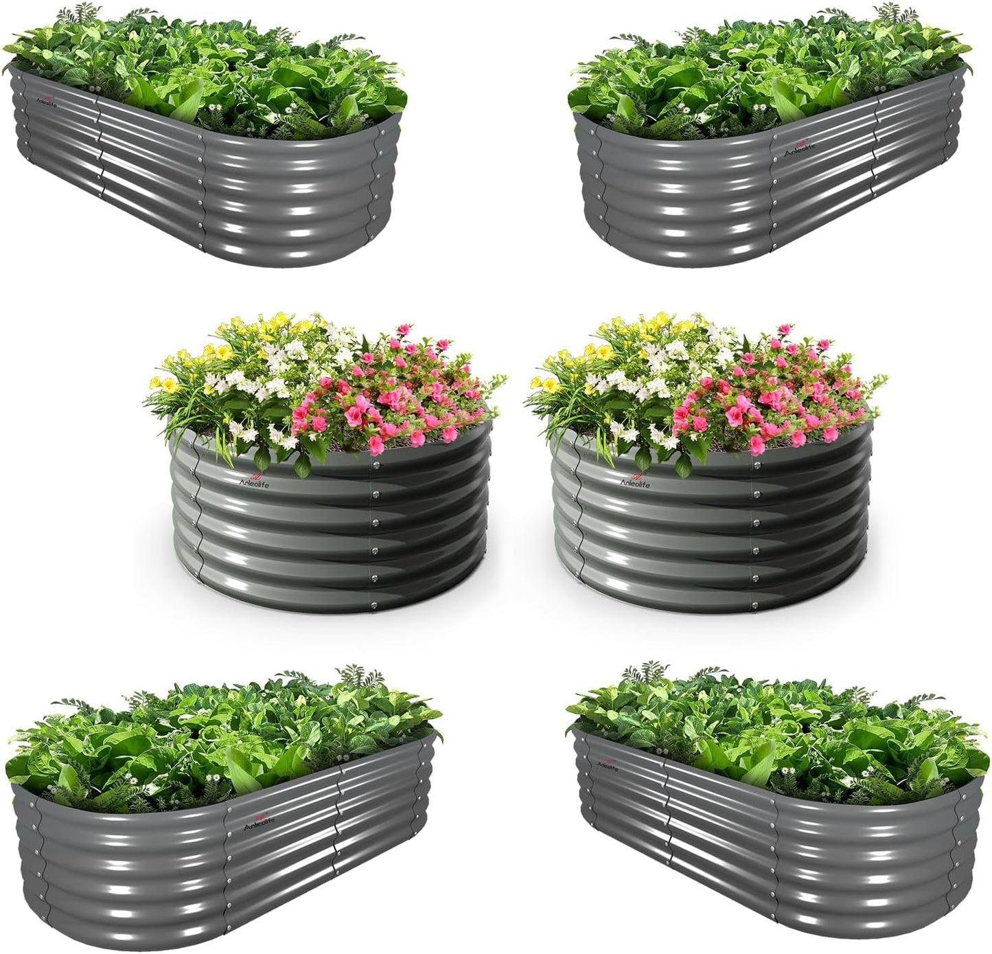 Set of 6: 2pcs(4x1.5ft) & 4 pcs (6x2x1.5ft) Metal Raised Garden Bed (Grey/White)