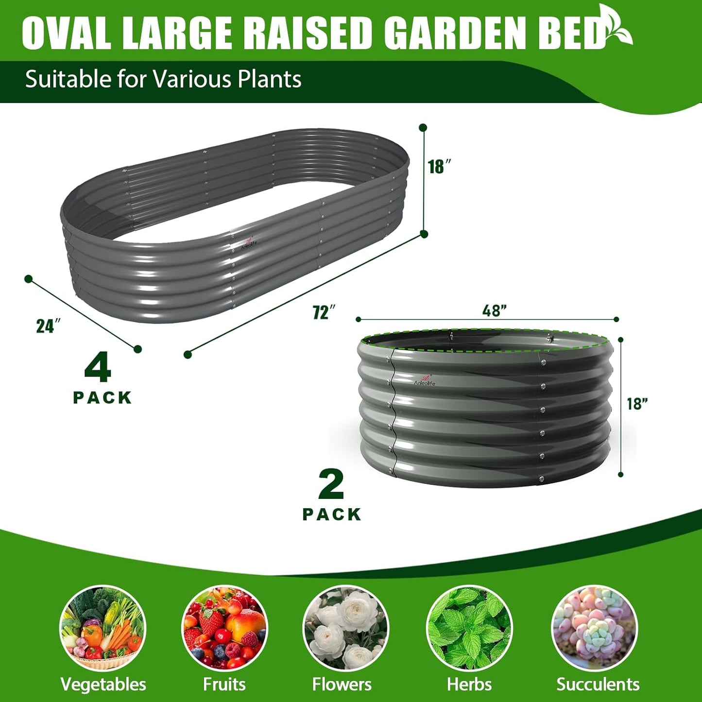Set of 6: 2pcs(4x1.5ft) & 4 pcs (6x2x1.5ft) Metal Raised Garden Bed (Grey/White)