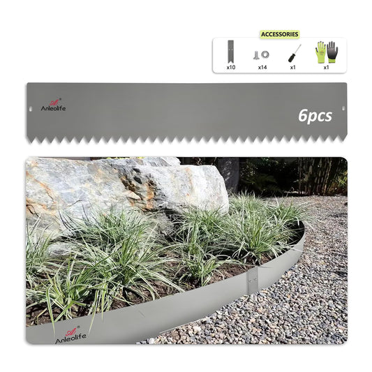 6"/ 8'' Tall Galvanized Steel Garden Edging, 6-Pack (20FT Total), Eco Lawn Border-Grey