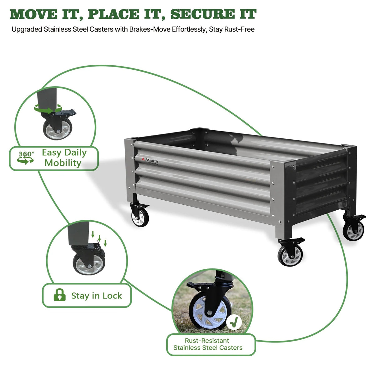 22" Tall 4x2 ft Rust-Resistant Elevated Raised Garden Bed with Wheels