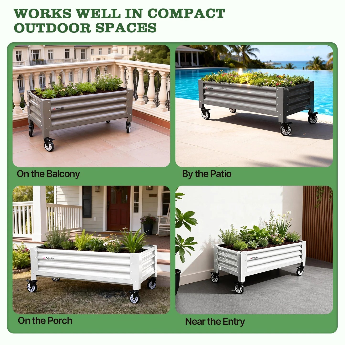 22" Tall 4x2 ft Rust-Resistant Elevated Raised Garden Bed with Wheels