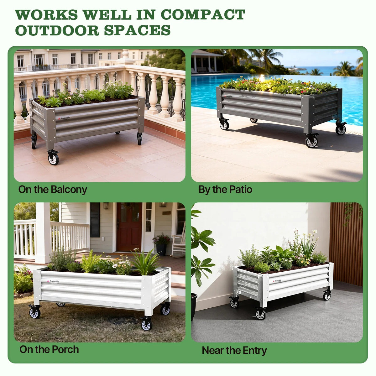 22" Tall 4x2 ft Rust-Resistant Elevated Raised Garden Bed with Wheels