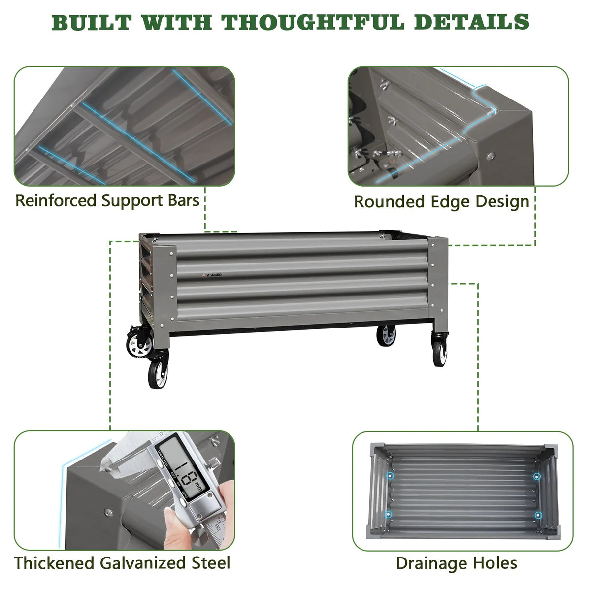 22" Tall 4x2 ft Rust-Resistant Elevated Raised Garden Bed with Wheels