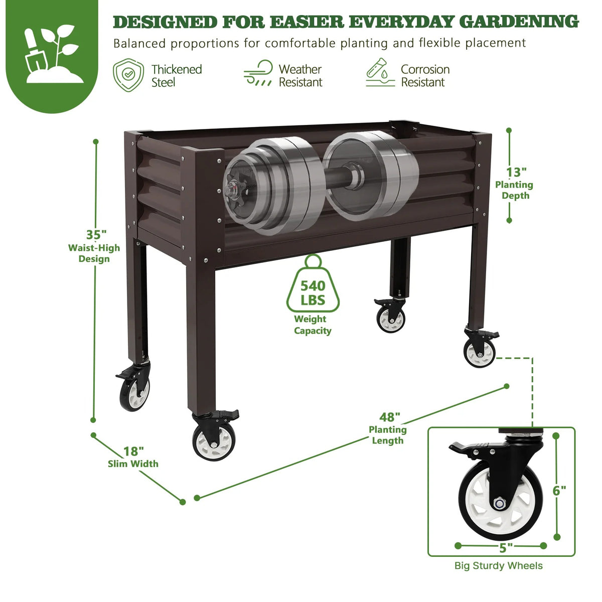 35" Waist-High Galvanized Steel Raised Garden Bed with Easy Access Design
