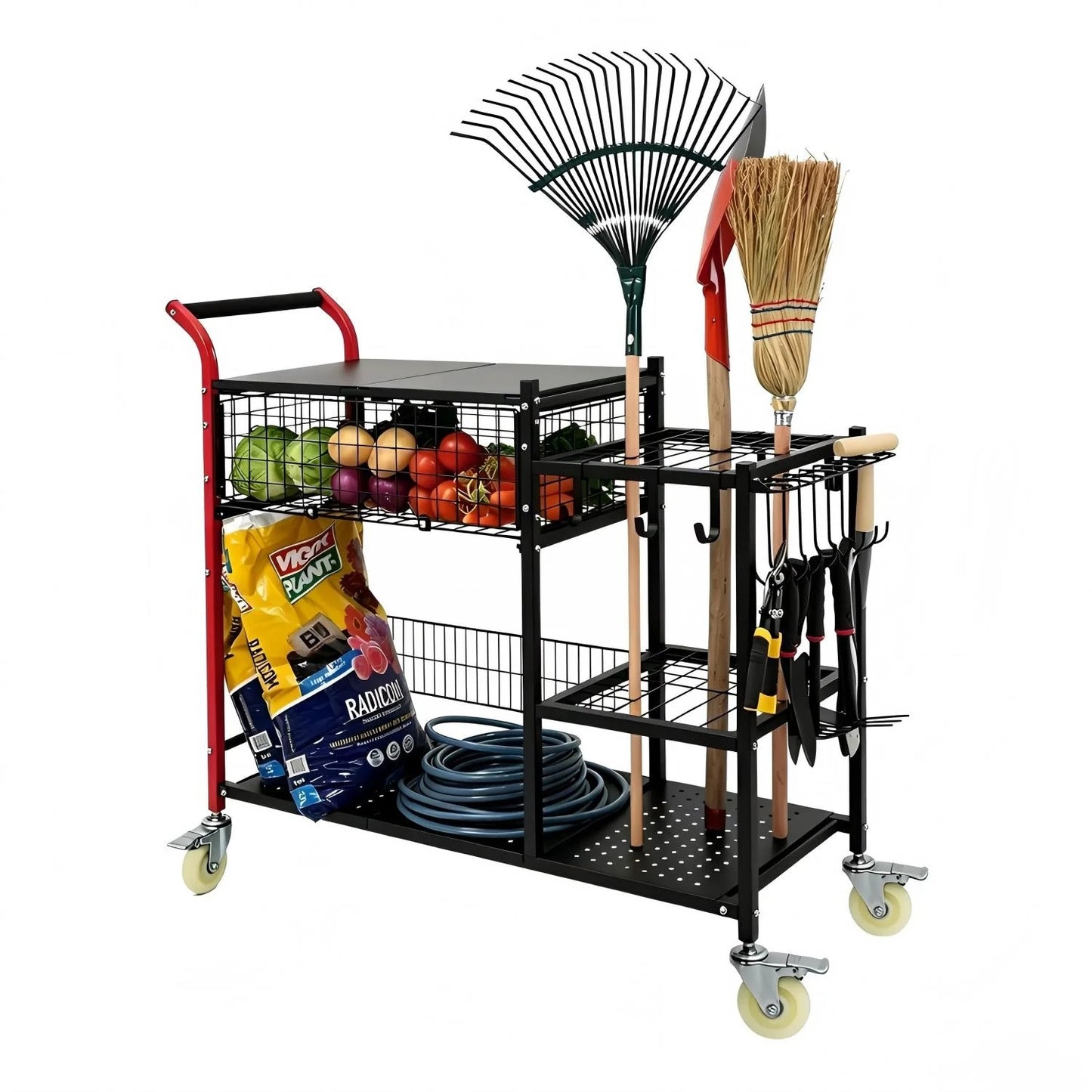 Mobile Garden Tool Cart with Storage and Planting Bench