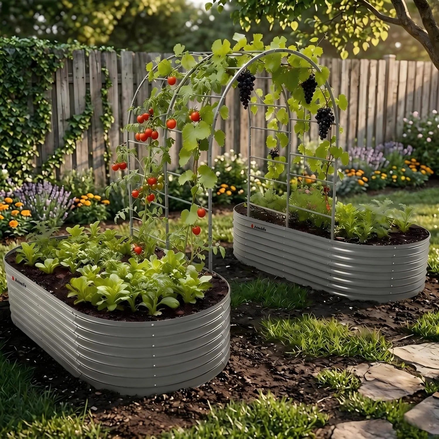 24" Extra Tall 8×4 ft Raised Garden Bed Garden System, 2-Bed Kit with Arch Trellis for Climbing Plants