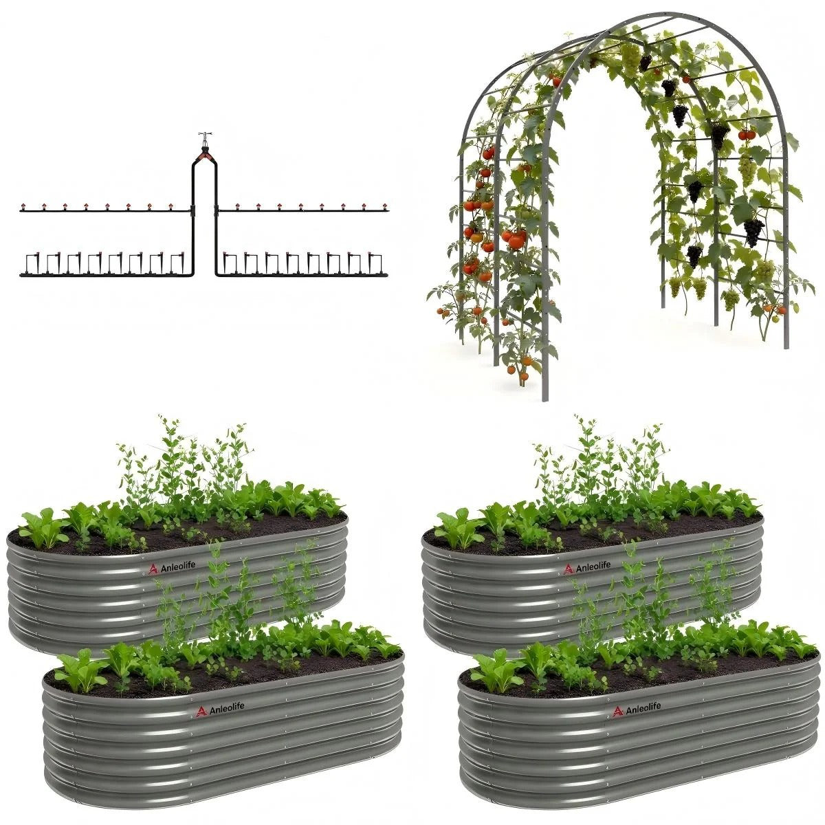 24" Extra Tall 3-Part Garden System, 4 Raised Garden Beds with Arch Trellis and Drip Irrigation Kit