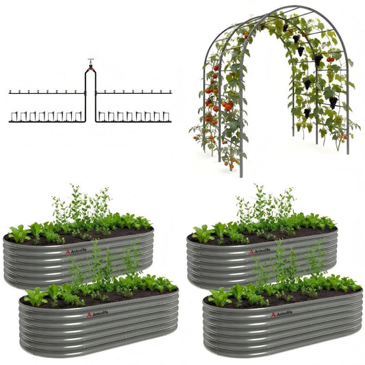24" Extra Tall Raised Garden Bed Kit, 4 Beds with Arch Trellis and Drip Kit for Vegetables & Climbing Plants