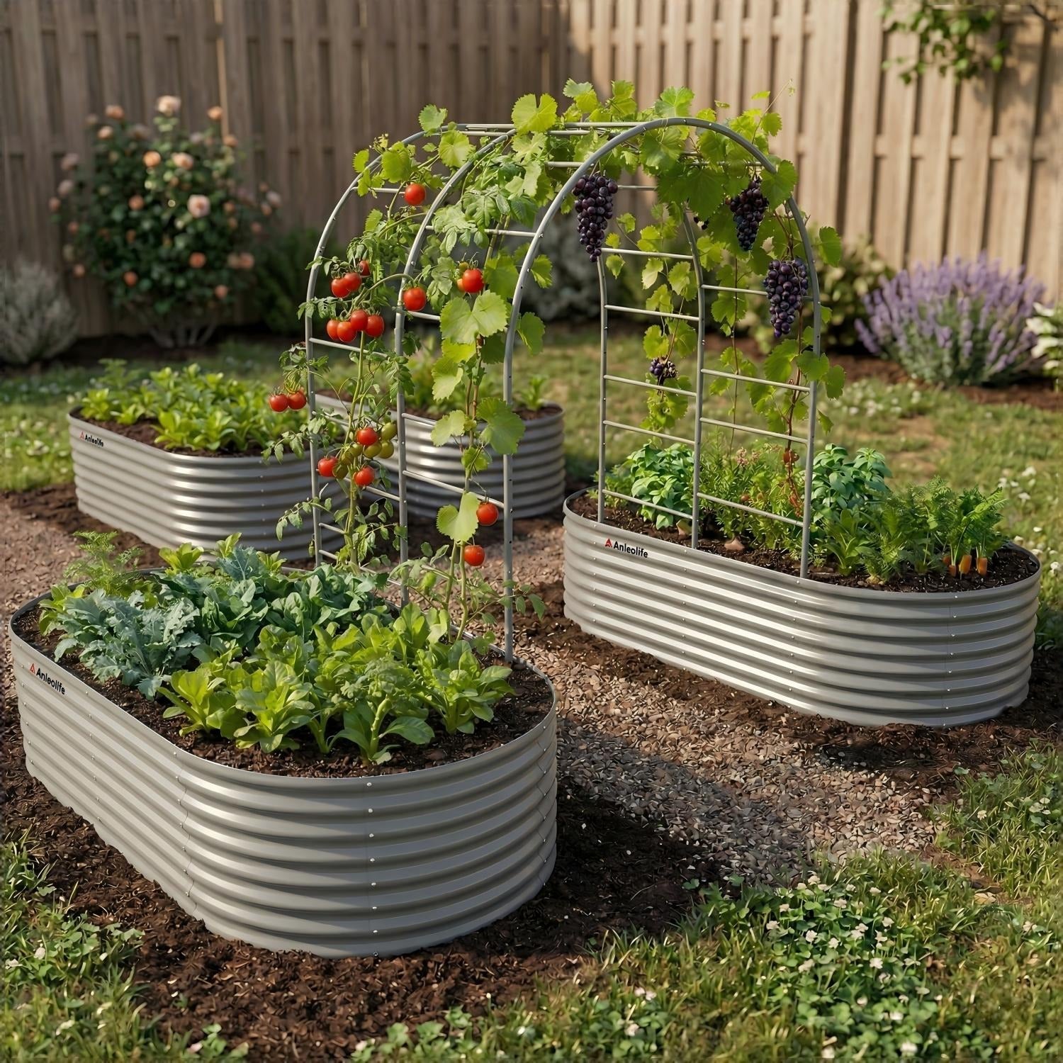 24" Extra Tall 3-Part Garden System, 4 Raised Garden Beds with Arch Trellis and Drip Irrigation Kit