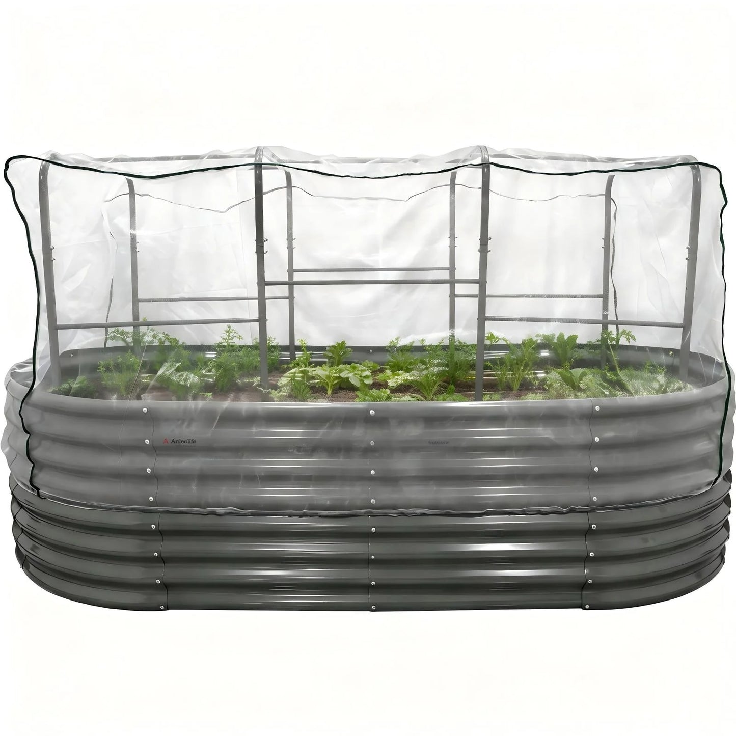 24-Inch Extra-Tall 8 × 4 ft Oval Raised Garden Bed, Galvanized Steel with Tunnel Trellis and Pest Mesh (3-Piece Kit)