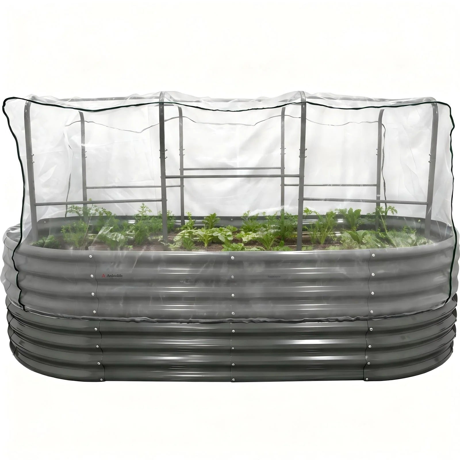 24" Extra-Tall 8 × 4 ft Oval Raised Garden Bed System, Galvanized Steel Kit with 72" × 37" × 33" Tunnel Trellis and Pest Mesh