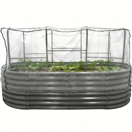 24-Inch Extra-Tall 8 × 4 ft Oval Raised Garden Bed, Galvanized Steel with Tunnel Trellis and Pest Mesh (3-Piece Kit)