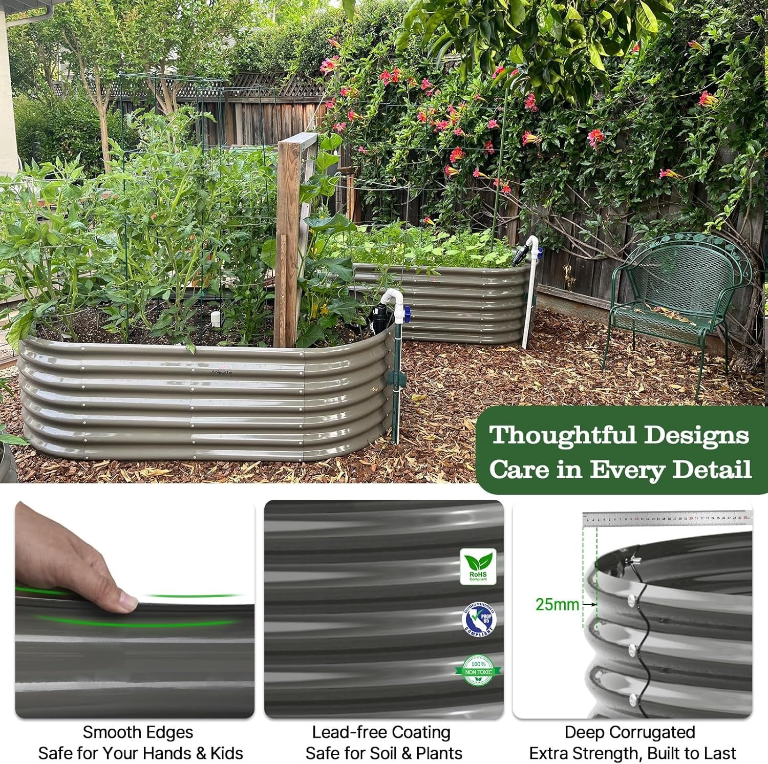 24" Extra-Tall 8 × 4 ft Oval Raised Garden Bed System, Galvanized Steel Kit with 72" × 37" × 33" Tunnel Trellis and Pest Mesh