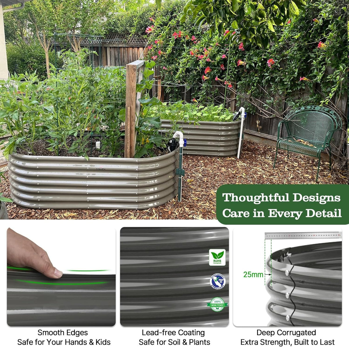 24" Extra Tall 3-Part Garden System, 4 Raised Garden Beds with Arch Trellis and Drip Irrigation Kit