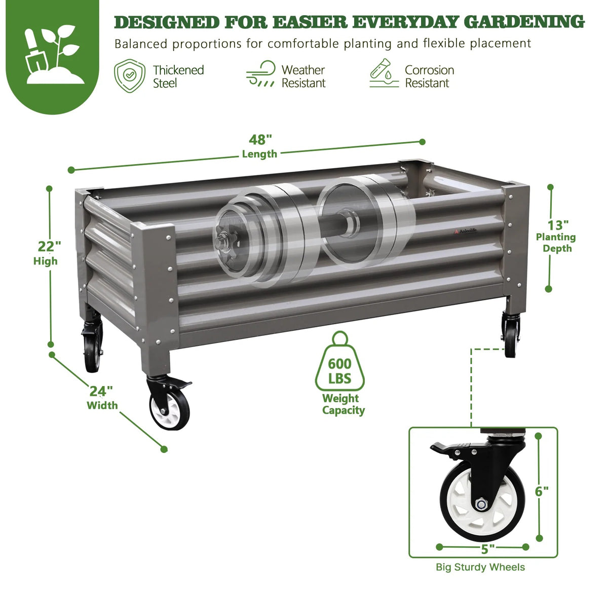 22" Tall 4x2 ft Rust-Resistant Elevated Raised Garden Bed with Wheels