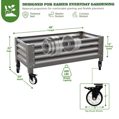 22" Tall 4x2 ft Rust-Resistant Elevated Raised Garden Bed with Wheels