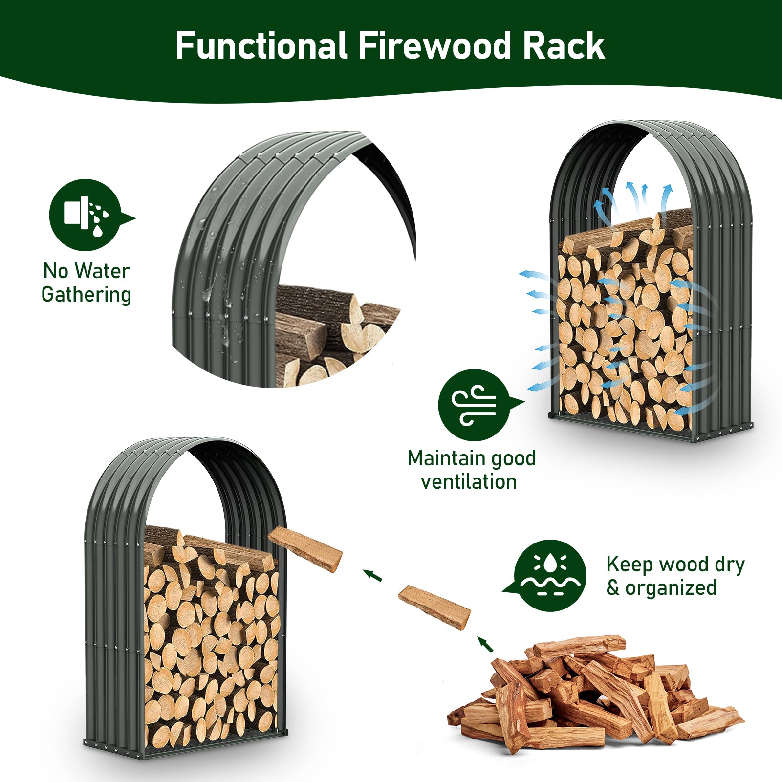 Set of 2, 20 Cubic Ft Each Firewood Storage Shed, Arch-Top Galvanized Steel Log Rack, 36"W x 18"D x 54"H